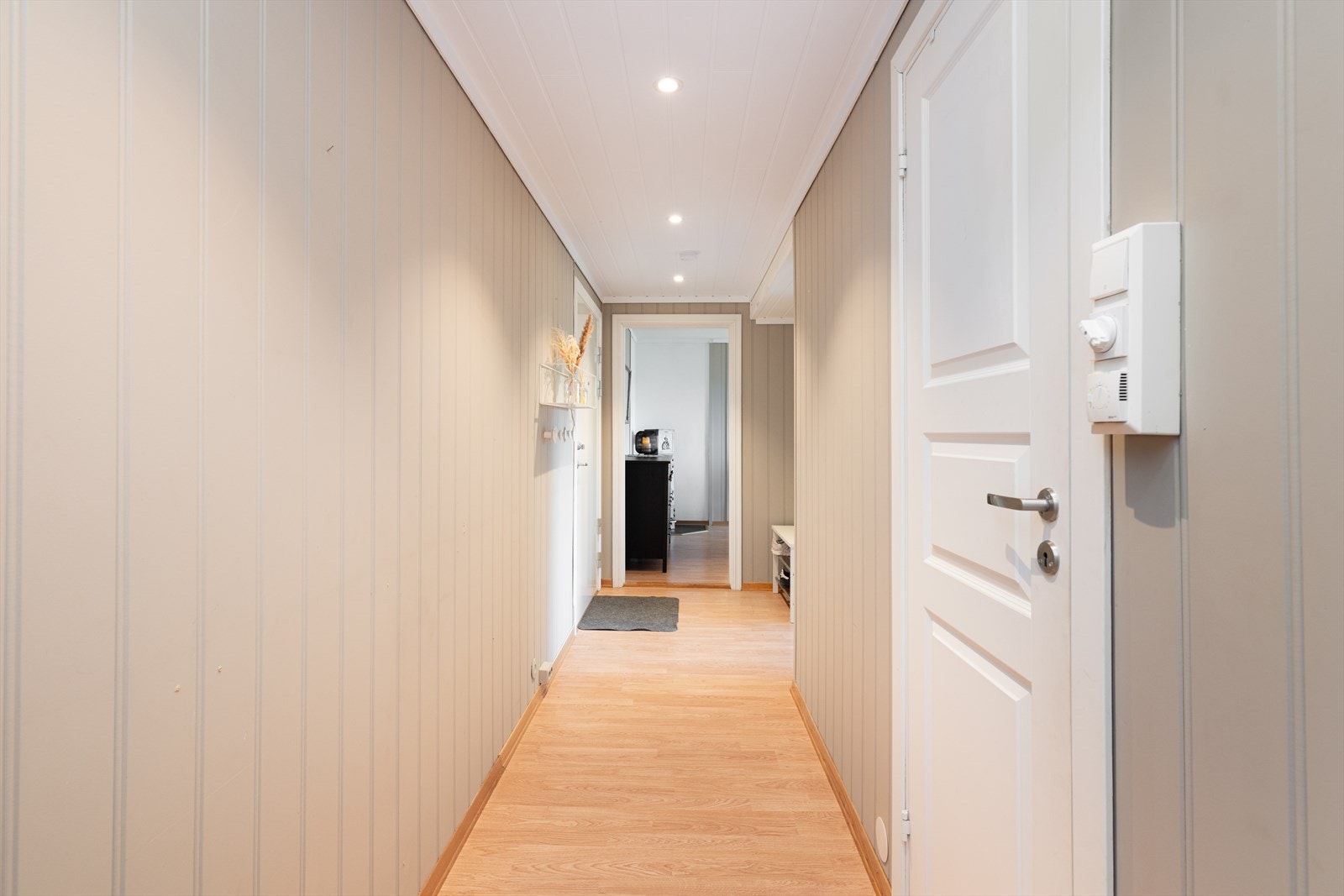 Overflater i gang/entre består av gulv av laminat, malte mdf-plater på vegg og malt mdf-panel i tak. Galleribilde