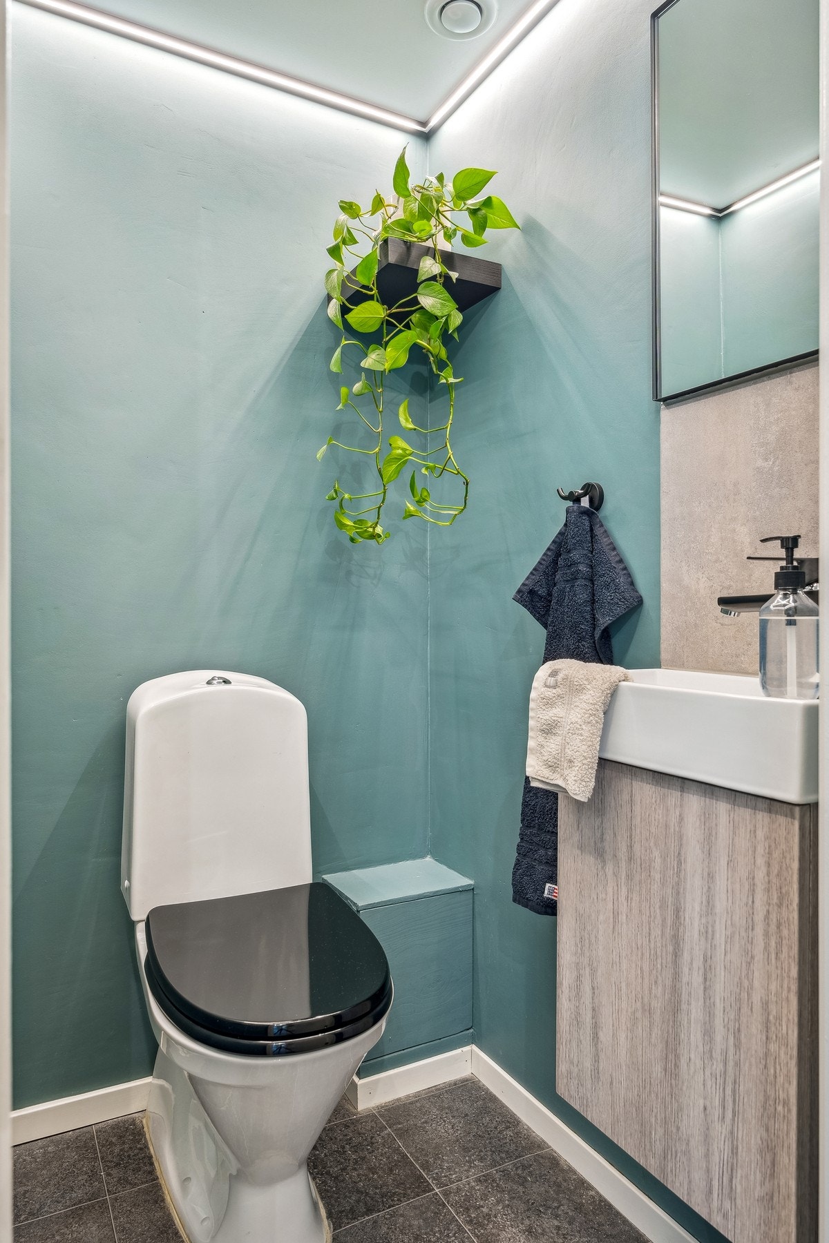 Praktisk toalettrom med toalett og servant. Galleribilde