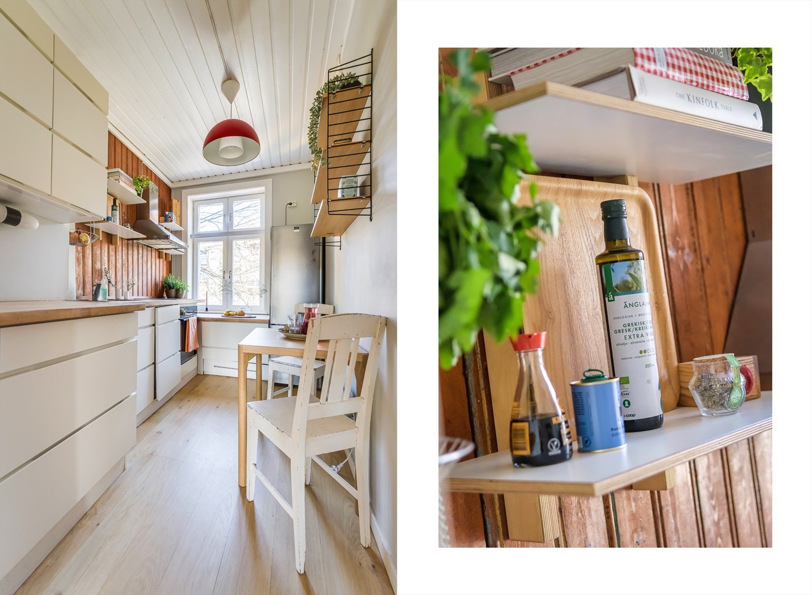 Innrendingen har et moderne uttrykk, i fin kontrast til sjarmerende panel på deler av veggen og i tak. Galleribilde