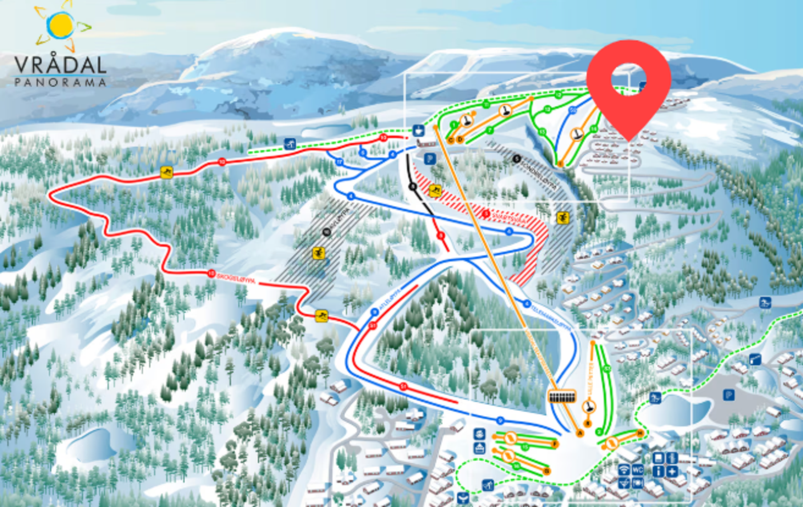 Tomtens ca plassering i forhold til alpinanlegget. Kun ca 300 meter til nærmeste heis. Galleribilde