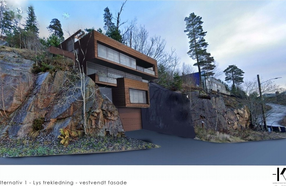 Illustrasjon - tegnet av Heggelund og Koxvold as arkitekter. Flere illustrasjoner av denne eneboligen i salgsoppgaven. Galleribilde