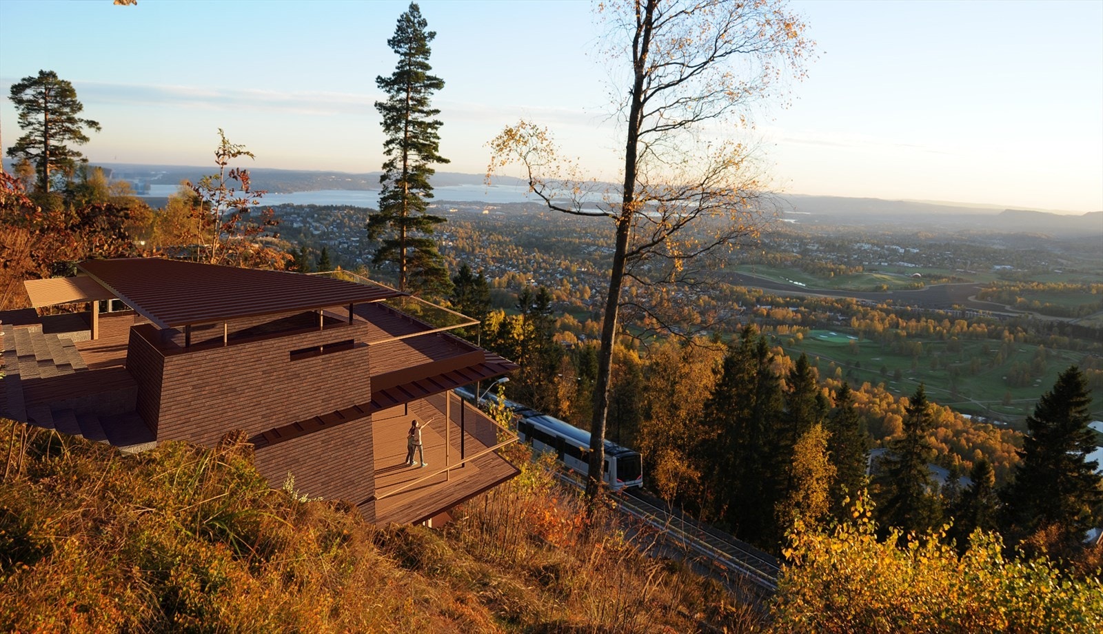 Illustrasjonsfoto sett fra nordøst. Reguleringsbestemmelsene tillater å etablere en plan uteplass på terrenget øst for takterrassen, der vil man kunne nyte tidlig morgensol. Galleribilde