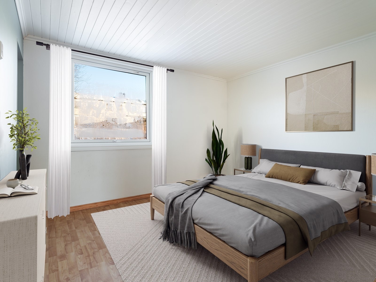 Hovedsoverommet illustrert med digital møblering. Rommet har nøytrale fargevalg som gjør det enkelt å innrede etter egen smak. Galleribilde