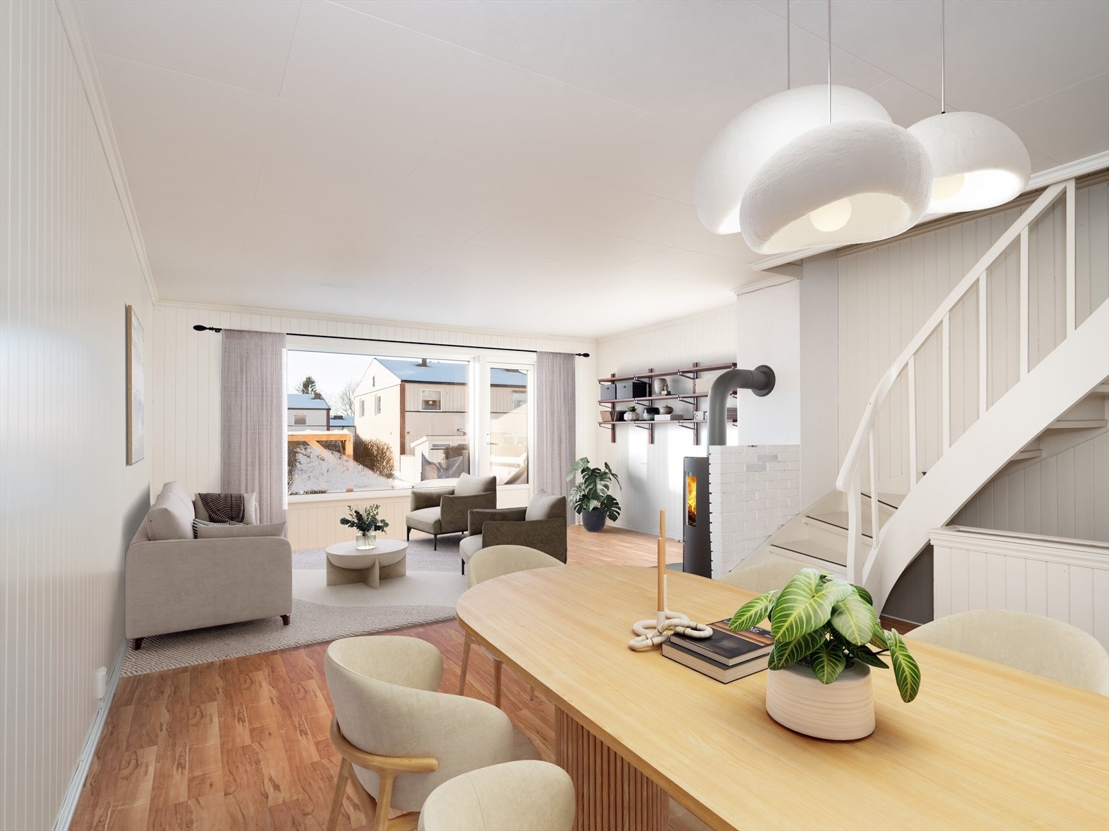 Svært delikat stue med god plass til både sofa og spisebord. Her ser du stuen digitalt illustrert med alternativ møblering. Stuen er lys og enkel å innrede. Galleribilde
