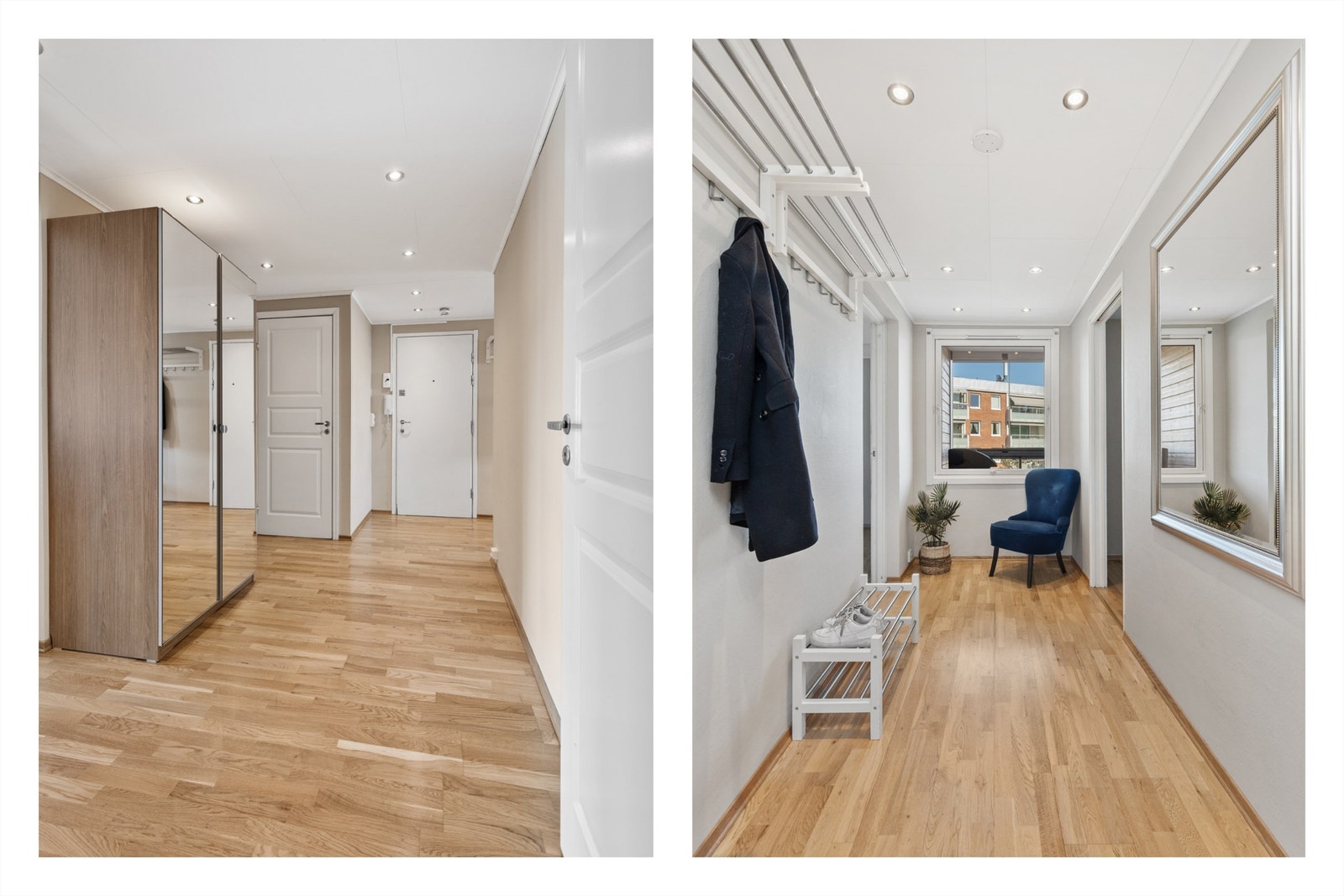 Velkommen inn! Entréen er lys og innbydende og gir et godt førsteinntrykk av boligen. Her er det god plass til å henge fra seg yttertøy og sko. Galleribilde