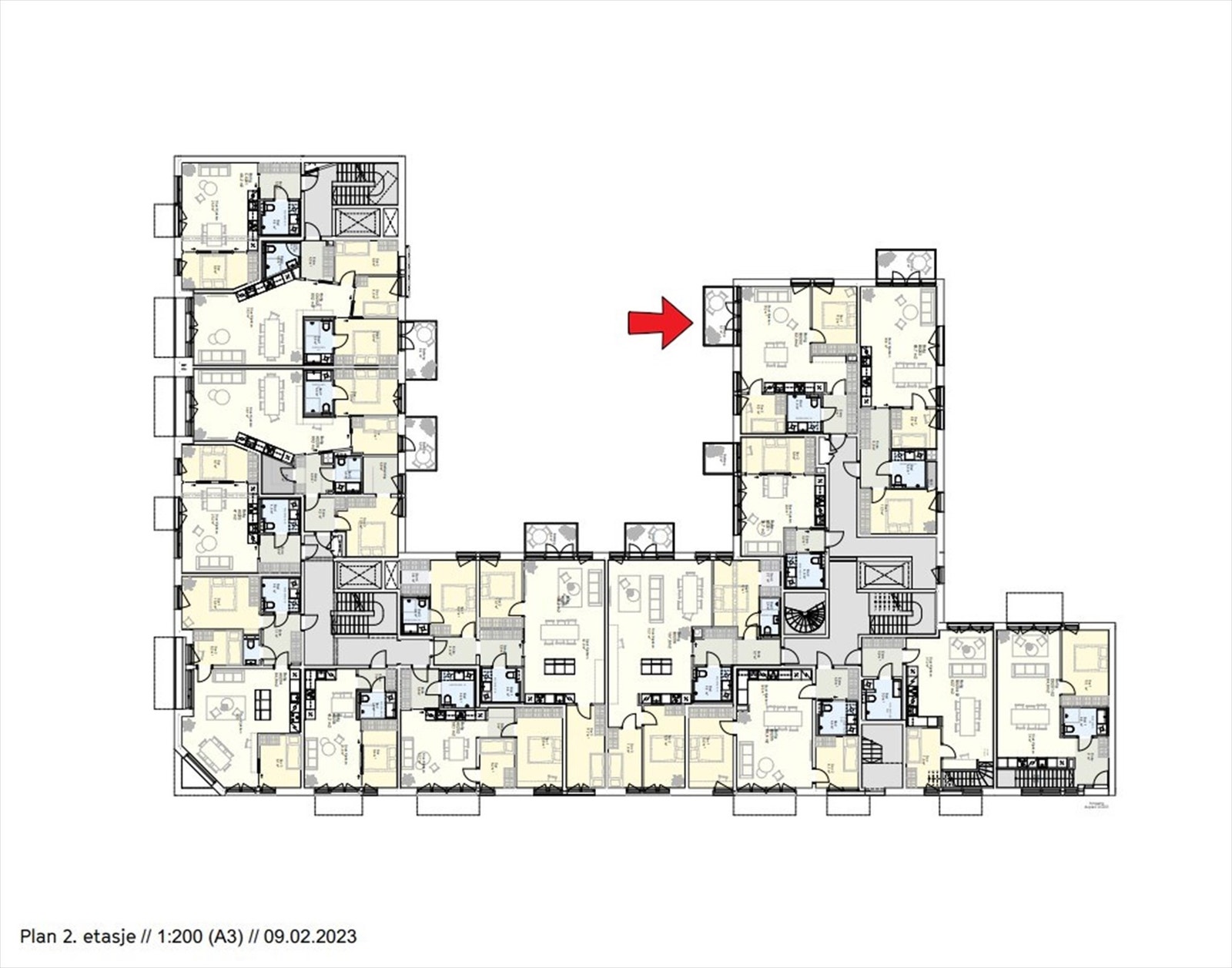 Etasjeplan med markering av leilighetens beliggenhet. Galleribilde