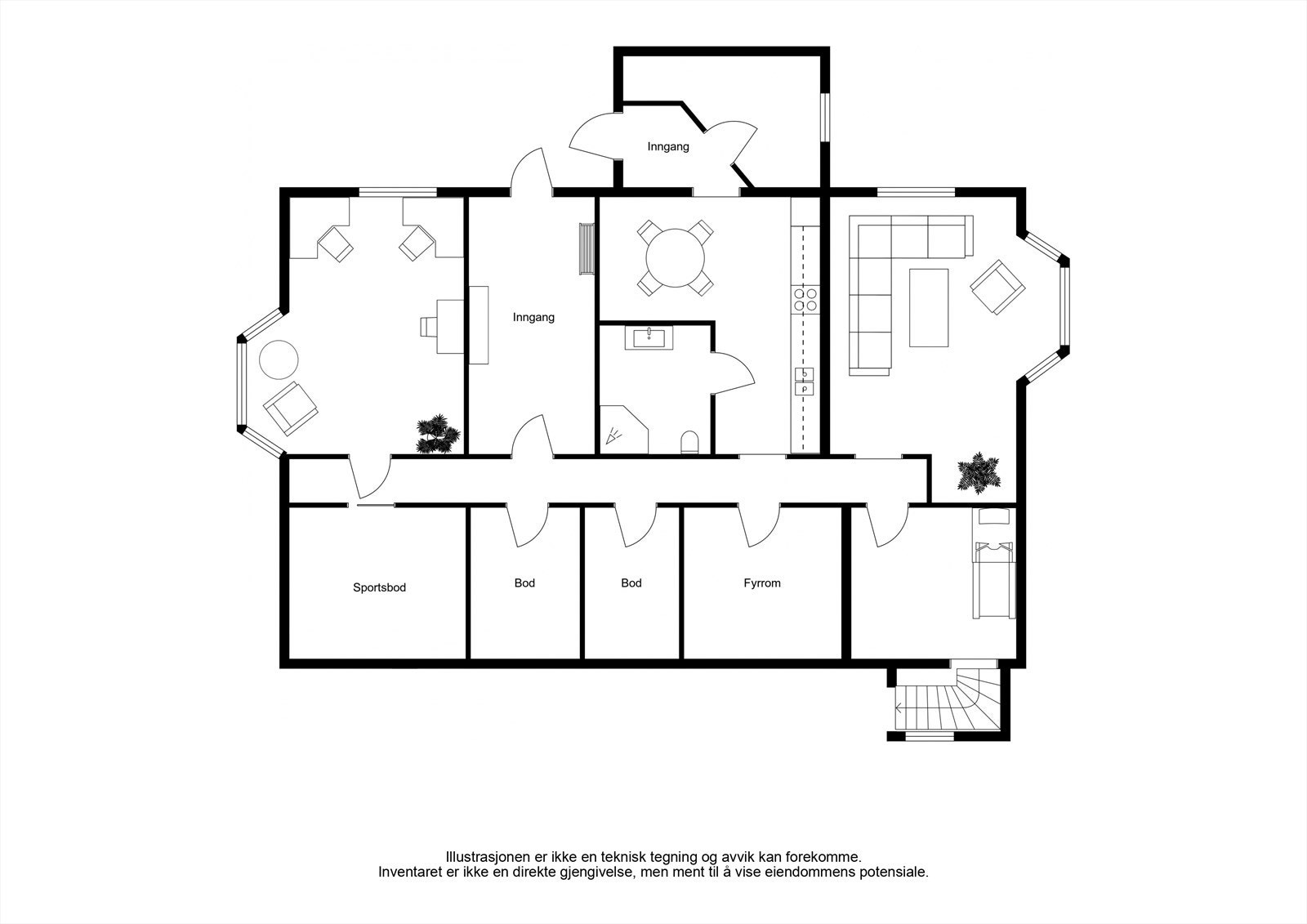 Plantegning underetasje - rommene er ikke omsøkt eller godkjent for varig opphold. Galleribilde