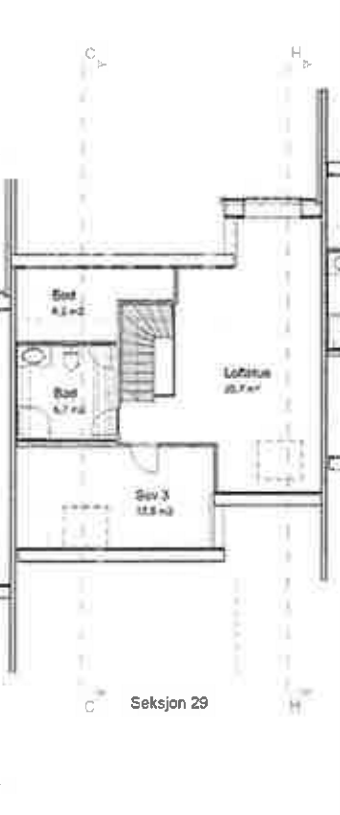 Byggetegning som viser godkjent løsning for innredning av loft: loftstue, soverom, bod og bad. På grunn av tidsforløpet på forrige søknad må en ny søknad behandles og godkjennes av kommunen før innredning av loft eventuelt kunne skje. Galleribilde