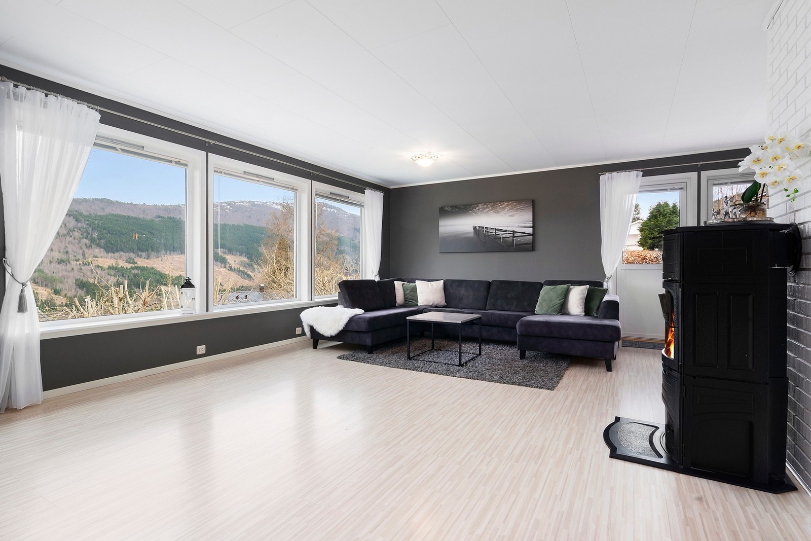 Lyse laminatgulv på stue, legg også merke til el-punkt langs gulvet. Galleribilde