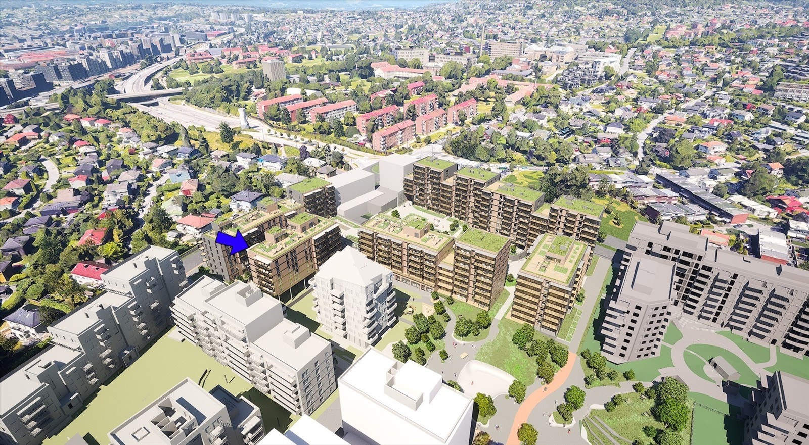 Leiligheten har en fin intern beliggenhet i prosjektet i bygg E og ligger på byggets ende i 7. etasje (toppetasjen). Bildet er hentet fra simulator - kun ment som illustrasjon. Galleribilde