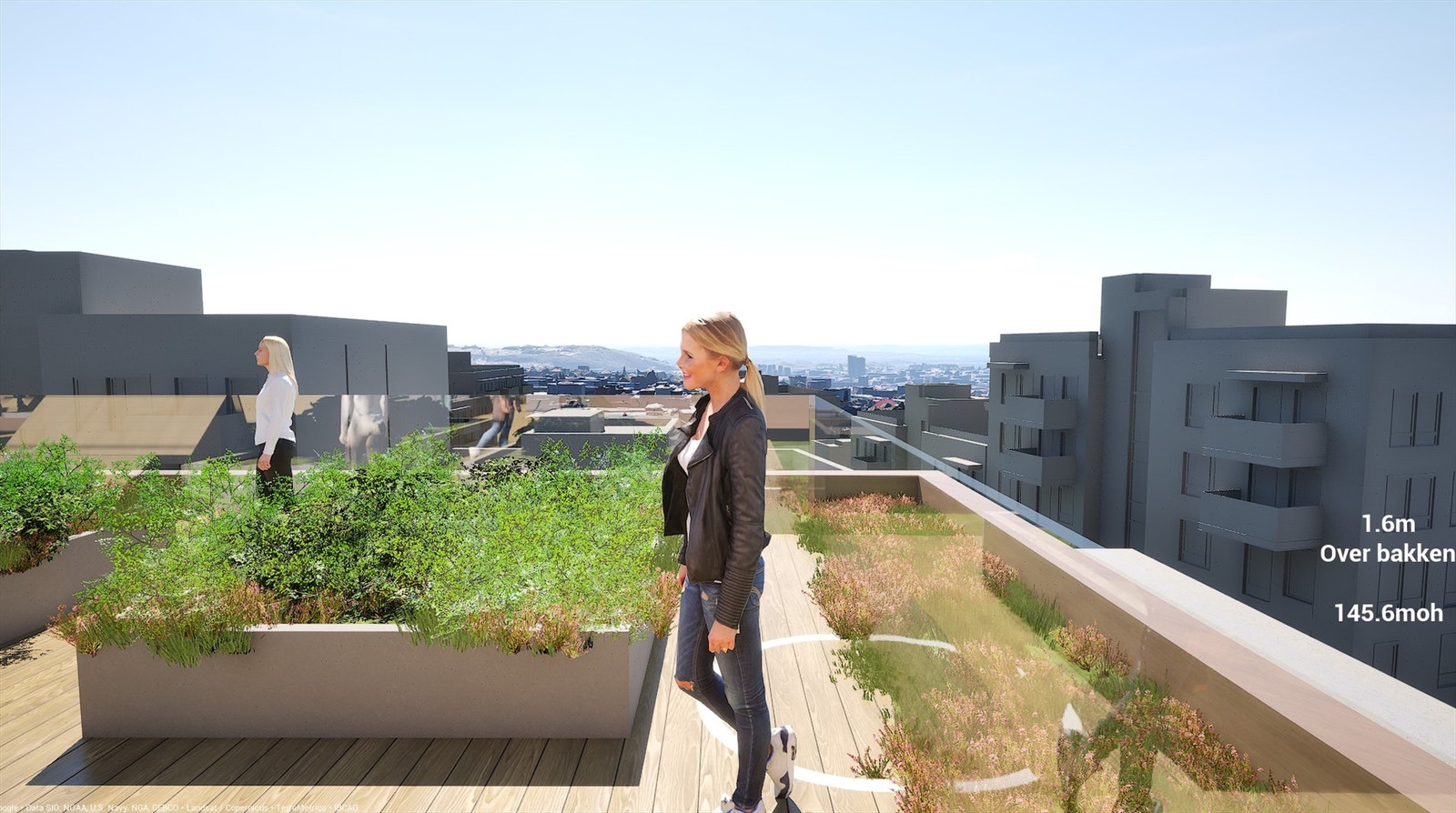 Utsikt fra takterrassen mot syd. Bildet er hentet fra simulator - kun ment som illustrasjon. Galleribilde