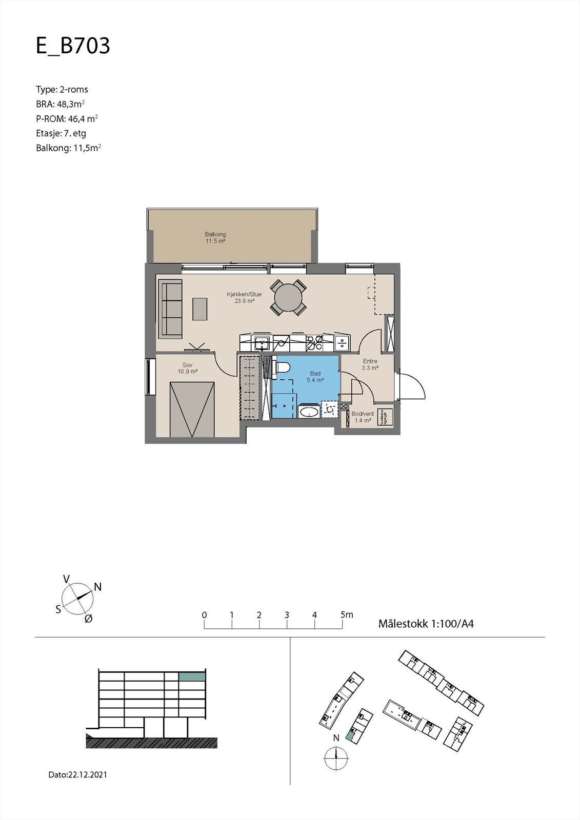 Lys og lekker 2-roms selveiet topp-/hjørneleilighet med høy standard, mye vinduer og fin planløsning Galleribilde