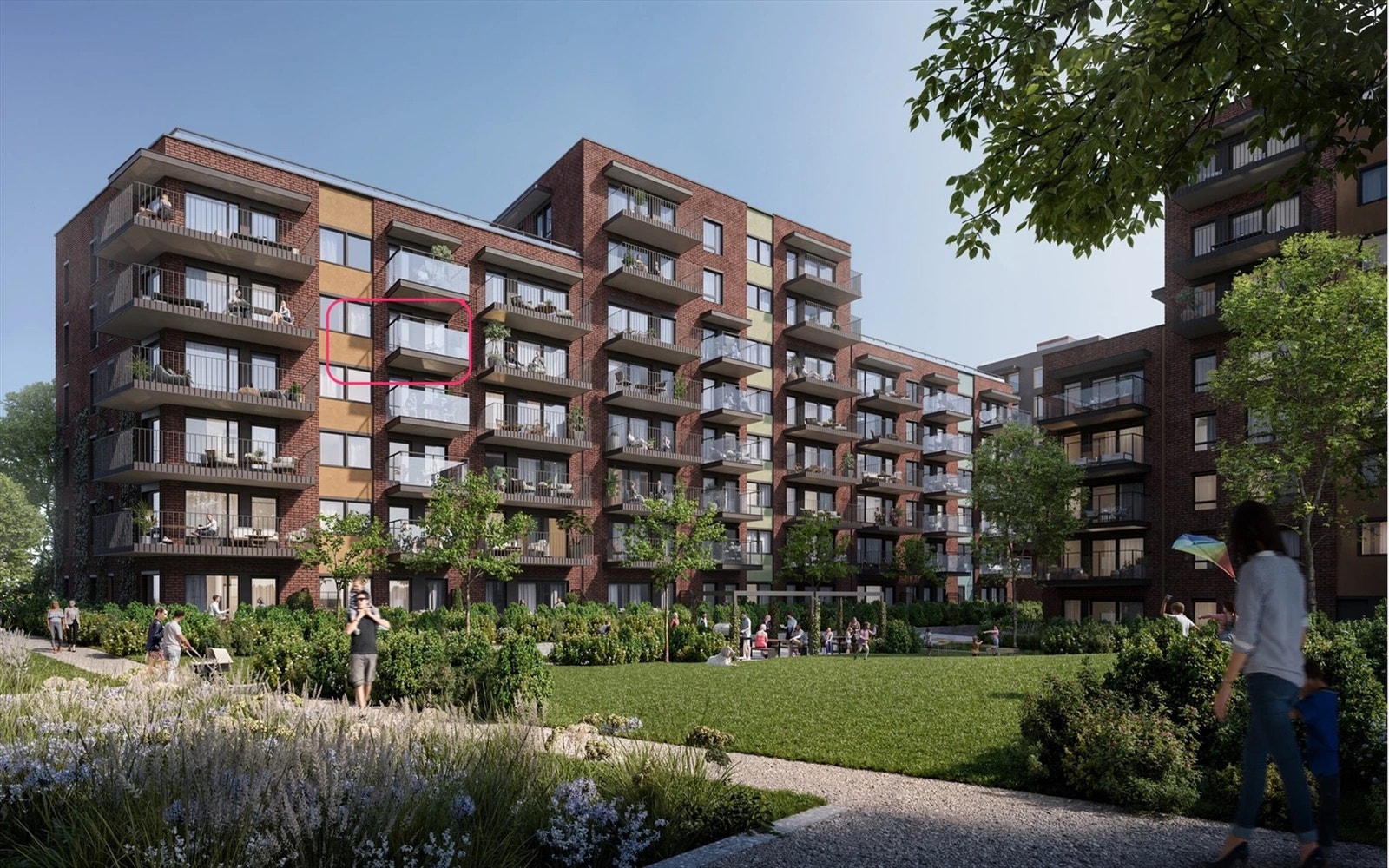 Fasade bygg A1 - Leiligheten markert med rødt. Galleribilde