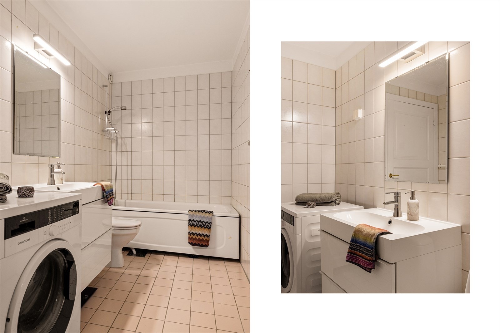 Gulvstående toalett, 80 cm servant med skuffer og badekar. Opplegg for vaskemaskin. Galleribilde