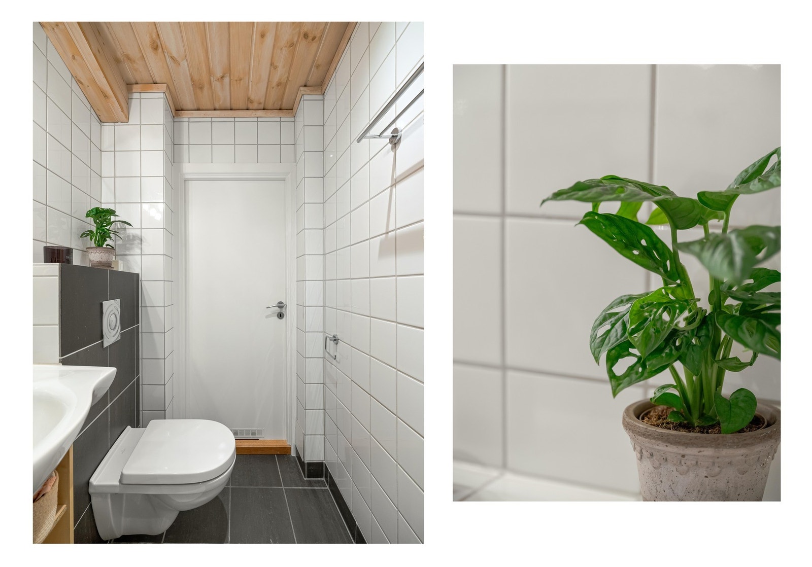 Det er i tillegg dusj med faste felt og dør i herdet glass, samt vegghengt toalett. På badet er det også opplegg for vaskemaskin. Galleribilde