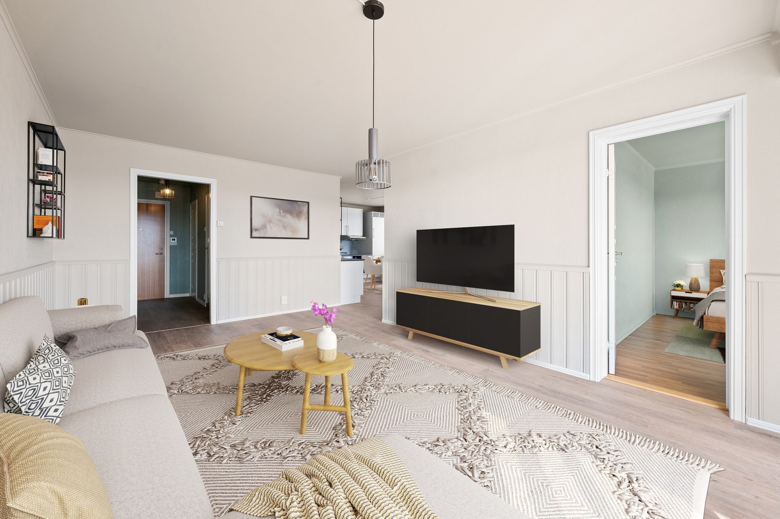 Stuen er romslig og kan enkelt innredes med en hyggelig sofagruppe, tilhørende sofabord og annet stuemøblement etter eget ønske og behov. (Bildet er digitalt stylet) Galleribilde