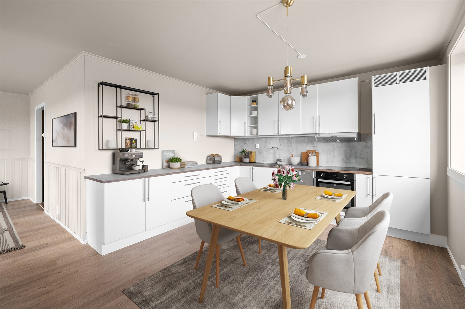 Stort kjøkken med rikelig med skap- og benkeplass og plass for stort spisebord hvor venner og familie kan samles. (Bildet er digitalt stylet) Galleribilde