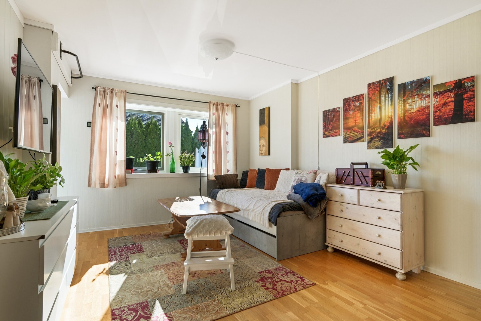 Koselig stue med vegghengt tv Galleribilde