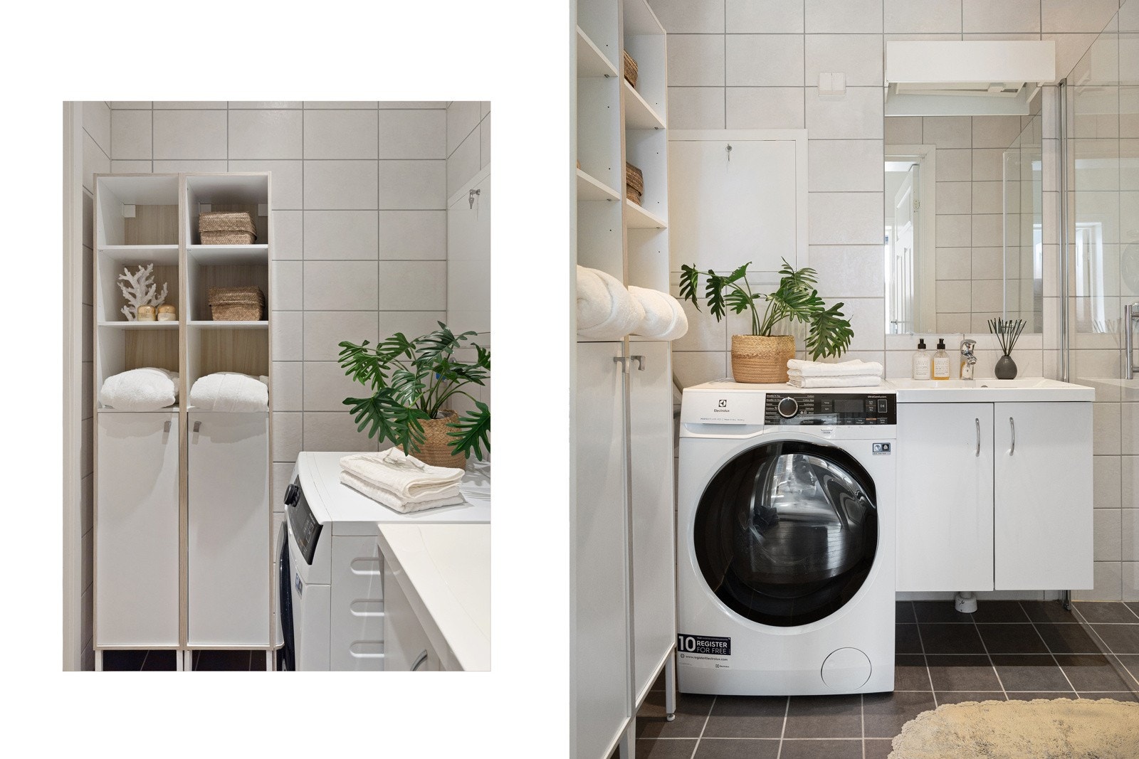 Flislagt dusjbad med varmekabler, dusjnisje, veggmontert servantinnredning og opplegg for vaskemaskin Galleribilde