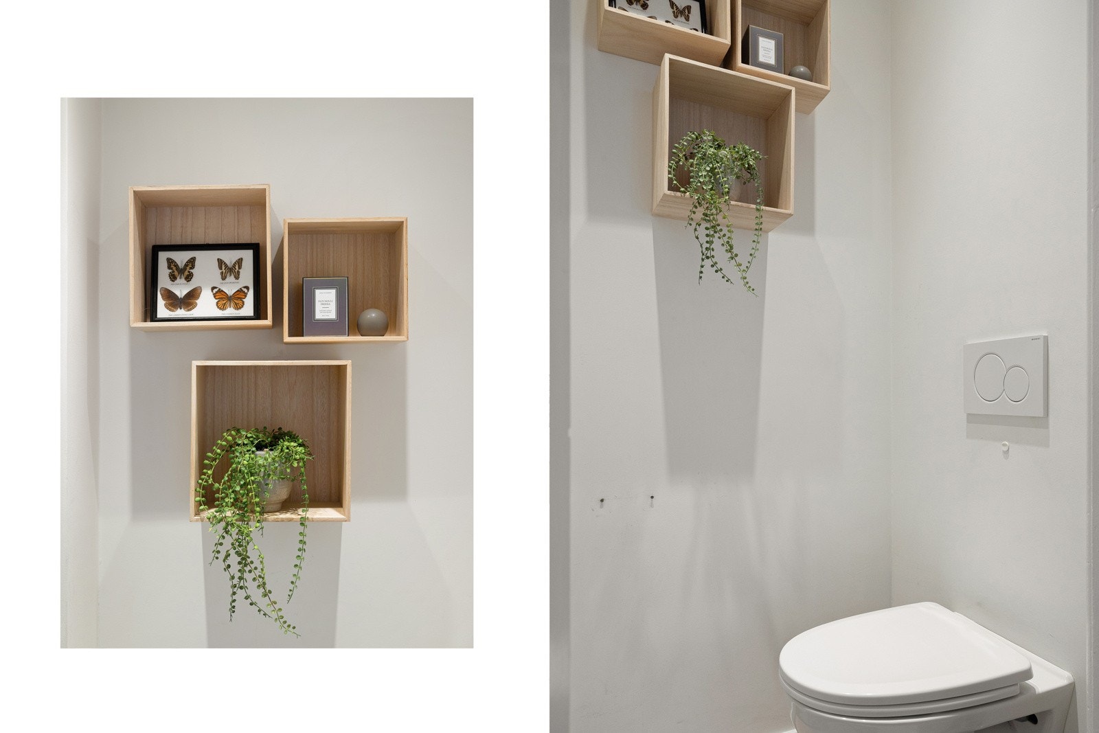 Praktisk toalettrom med fliser på gulvet, malte slette vegg- og takflate. Innebygget sisterne med vegghengt toalett. Galleribilde