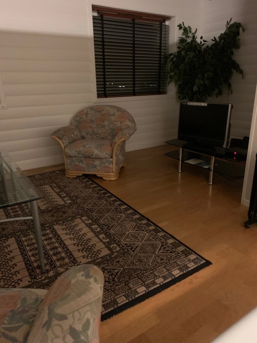 Lys og trivelig stue med TV og sittegruppe panelovn for oppvarming Galleribilde