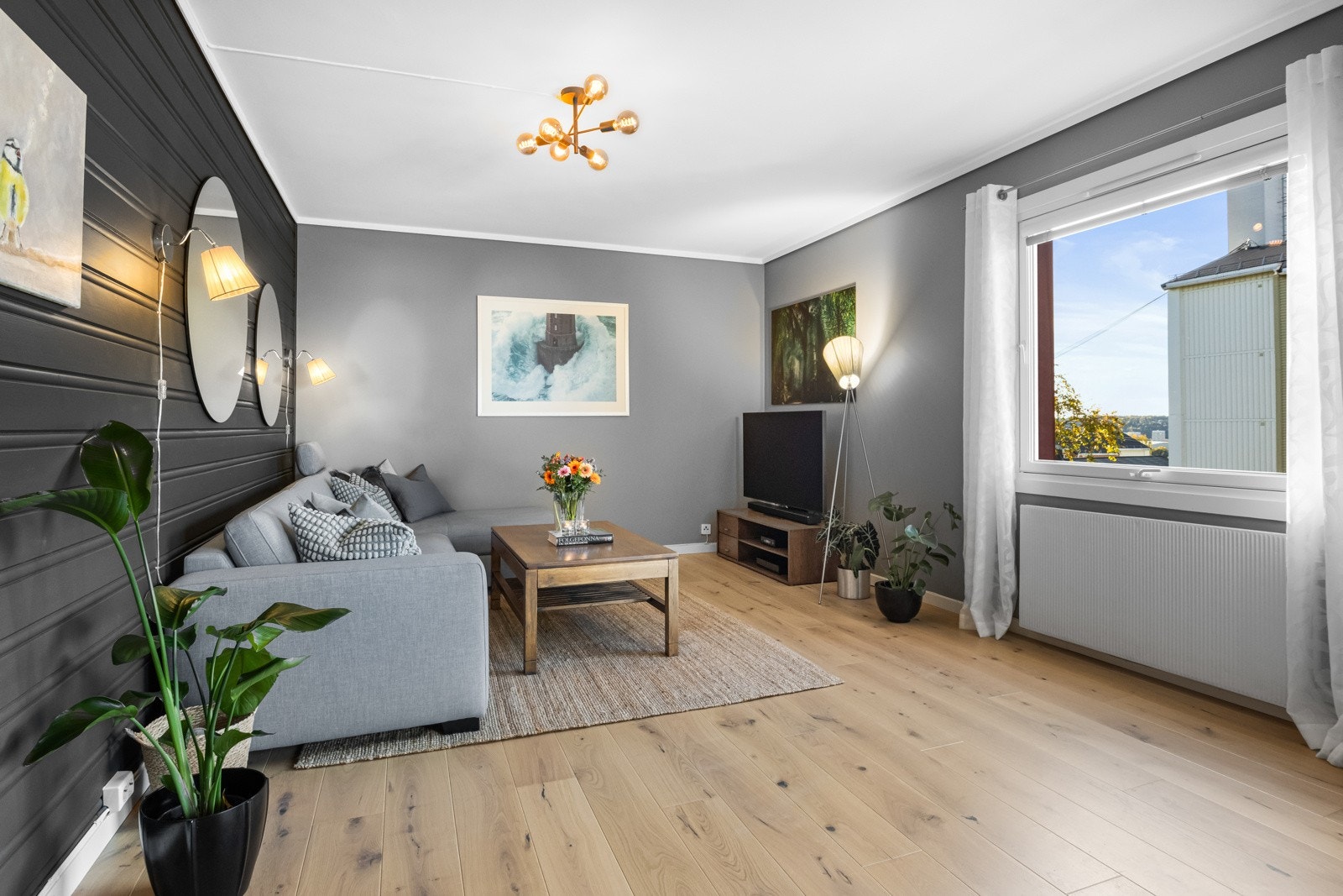 Sofagruppe og tv-løsning er for øvrig plassert med skjermet innsyn Galleribilde