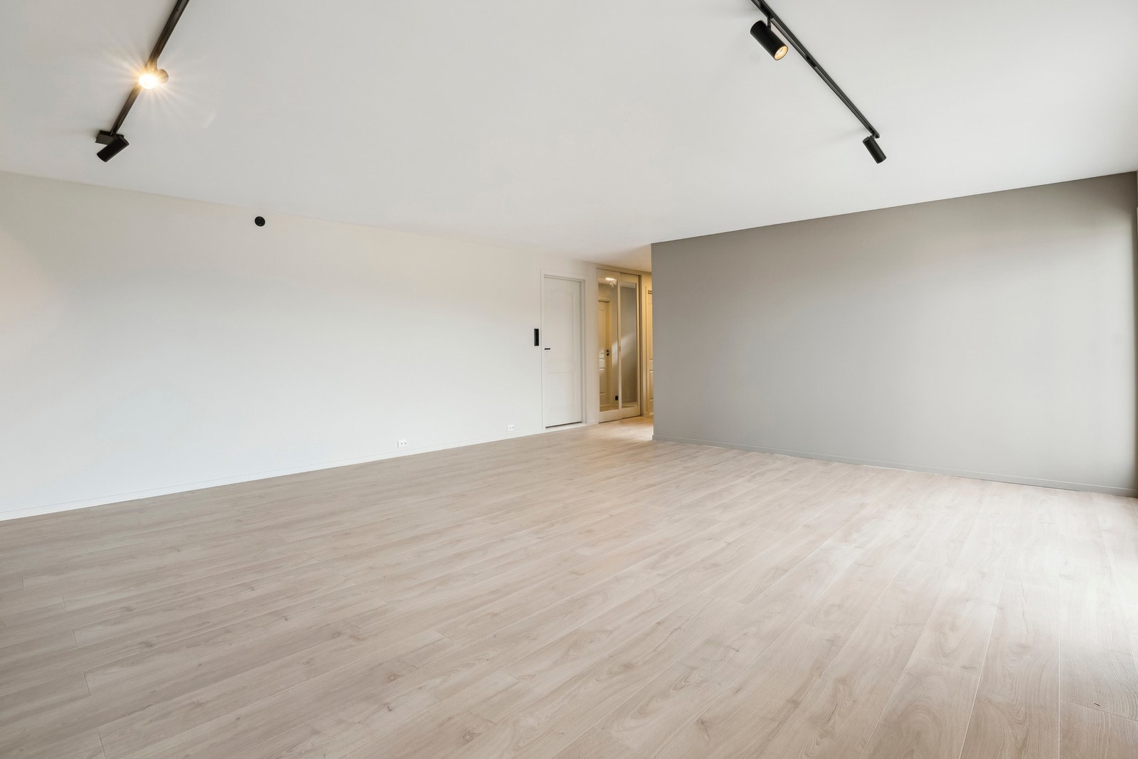 Smart skinne til belysning, spotlamper kan flyttes på som ønsket. Det er ellers god plass til møblering av både sitte- og spisegruppe i stuen. Galleribilde