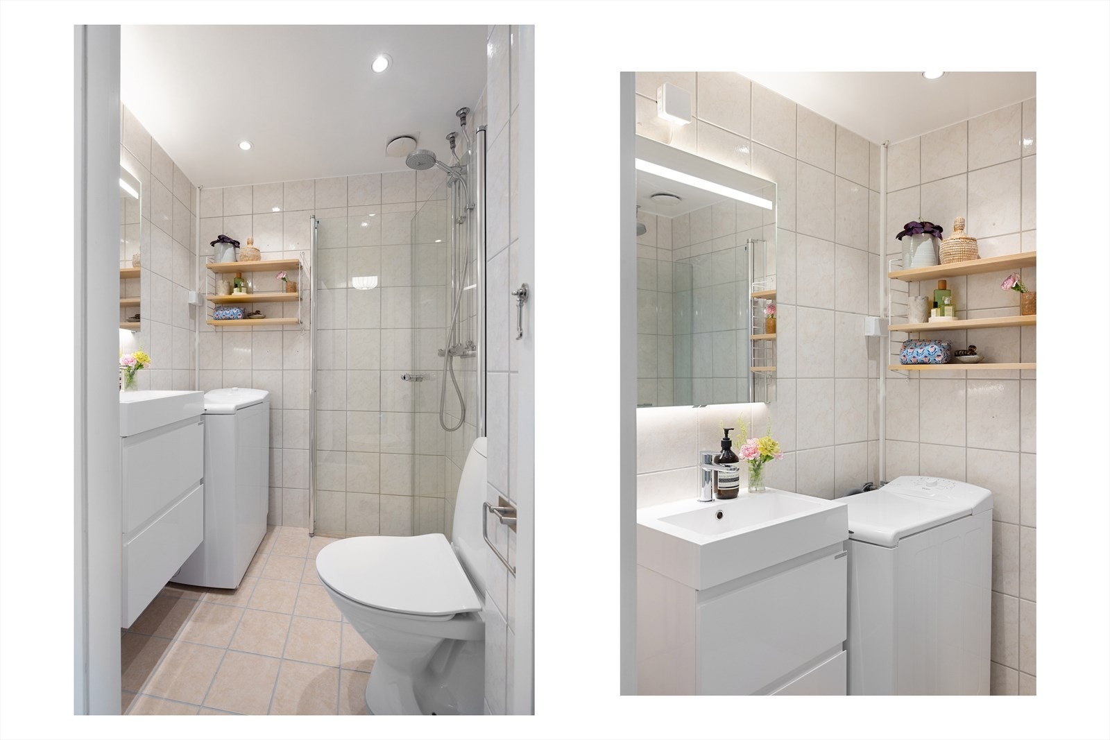 Tidløst bad pusset opp i regi av borettslaget. Rommet har flislagte overflater, elektriske varmekabler og downlights i himling. Opplegg for vaskemaskin. Galleribilde