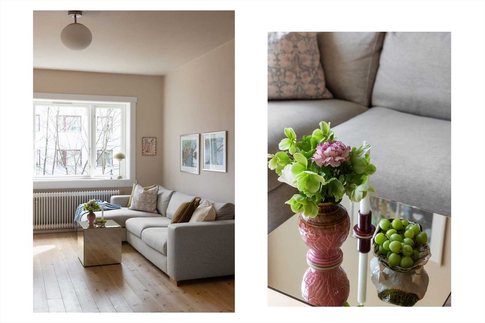 Stuen har stilrene overflater med pent furugulv og veggene er malt i en behagelig, lun fargetone. Galleribilde