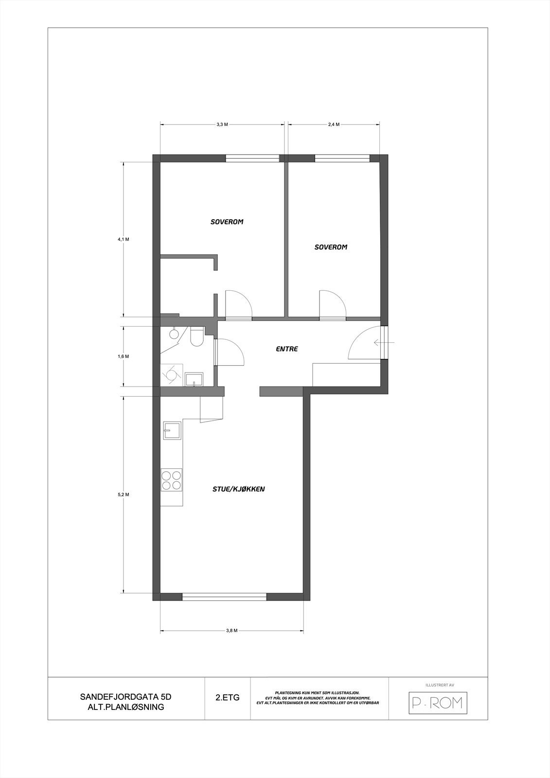 Alternativ plantegning med to soverom. Megler tar ikke på seg ansvaret for at arbeidet kan gjennomføres. Galleribilde