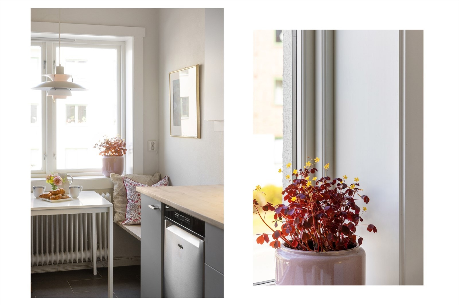 Hyggelig kjøkkenkrok med plassbygget sittebenk. Galleribilde