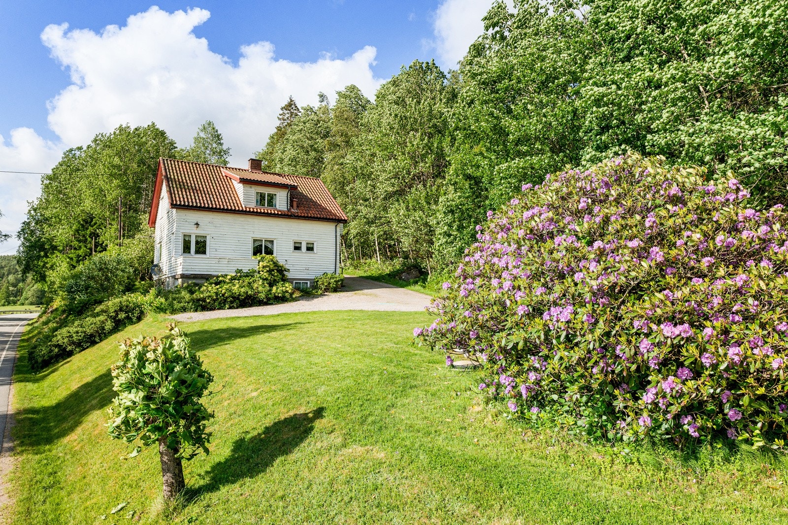 Tomten er skrånet, opparbeidet med gressplen, prydbusker, frukttrær og trær. (Ikke oppmålt) Galleribilde