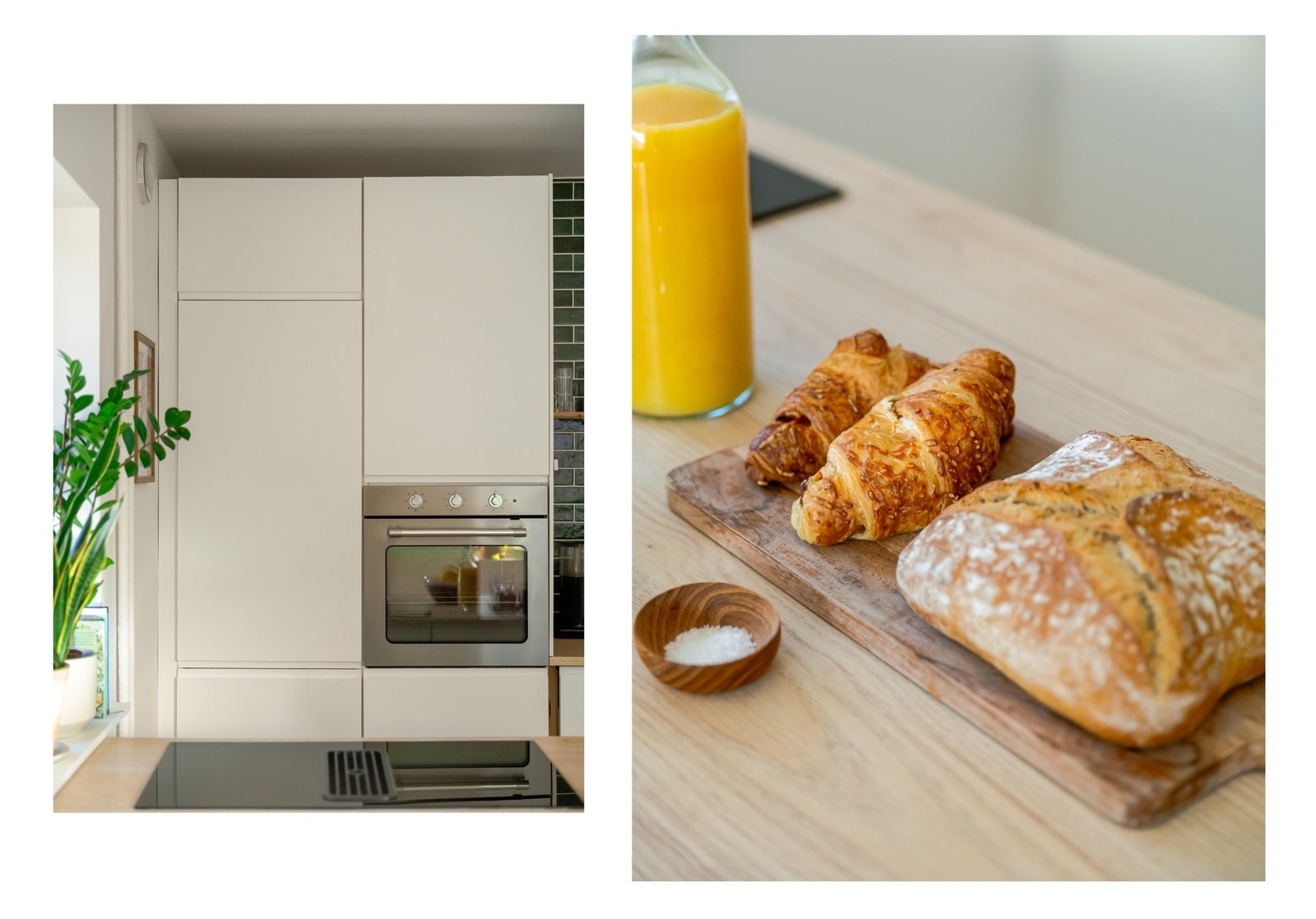 Hvitevarene er integrert i innredningen, og medfølger ved salg. Dette inkluderer kjøleskap med fryser, oppvaskmaskin og stekeovn. Galleribilde