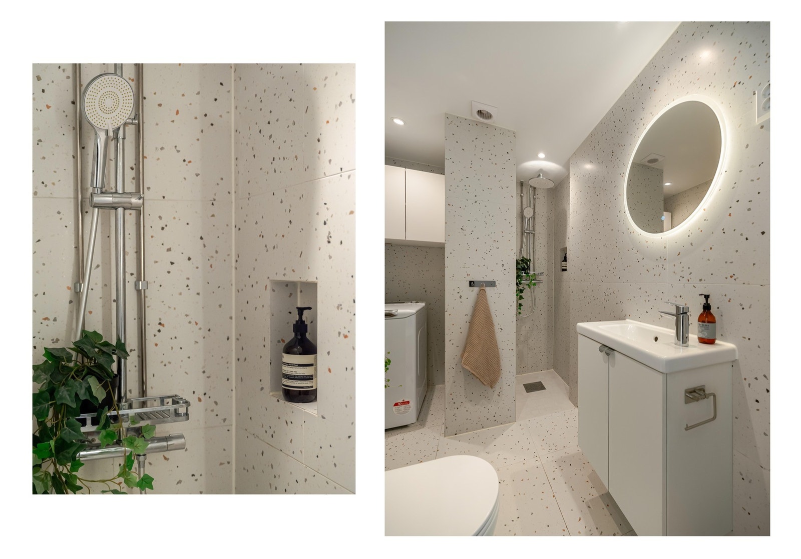 Badet er utvidet; dusjnisjen og vaskesøylen var opprinnelig kott, med adkomst fra stue og soverom. Galleribilde