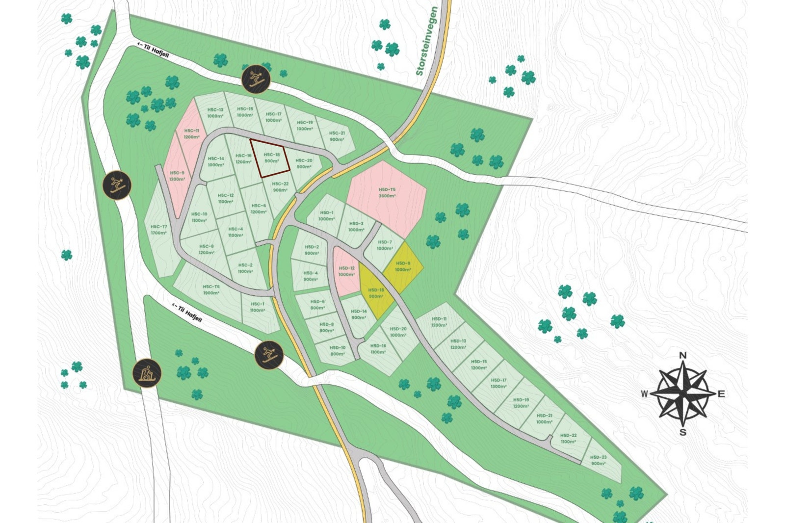 Oversiktskart over tomteområdet. Tomt H5C-18 i Bjørgeringen er avmerket. Galleribilde