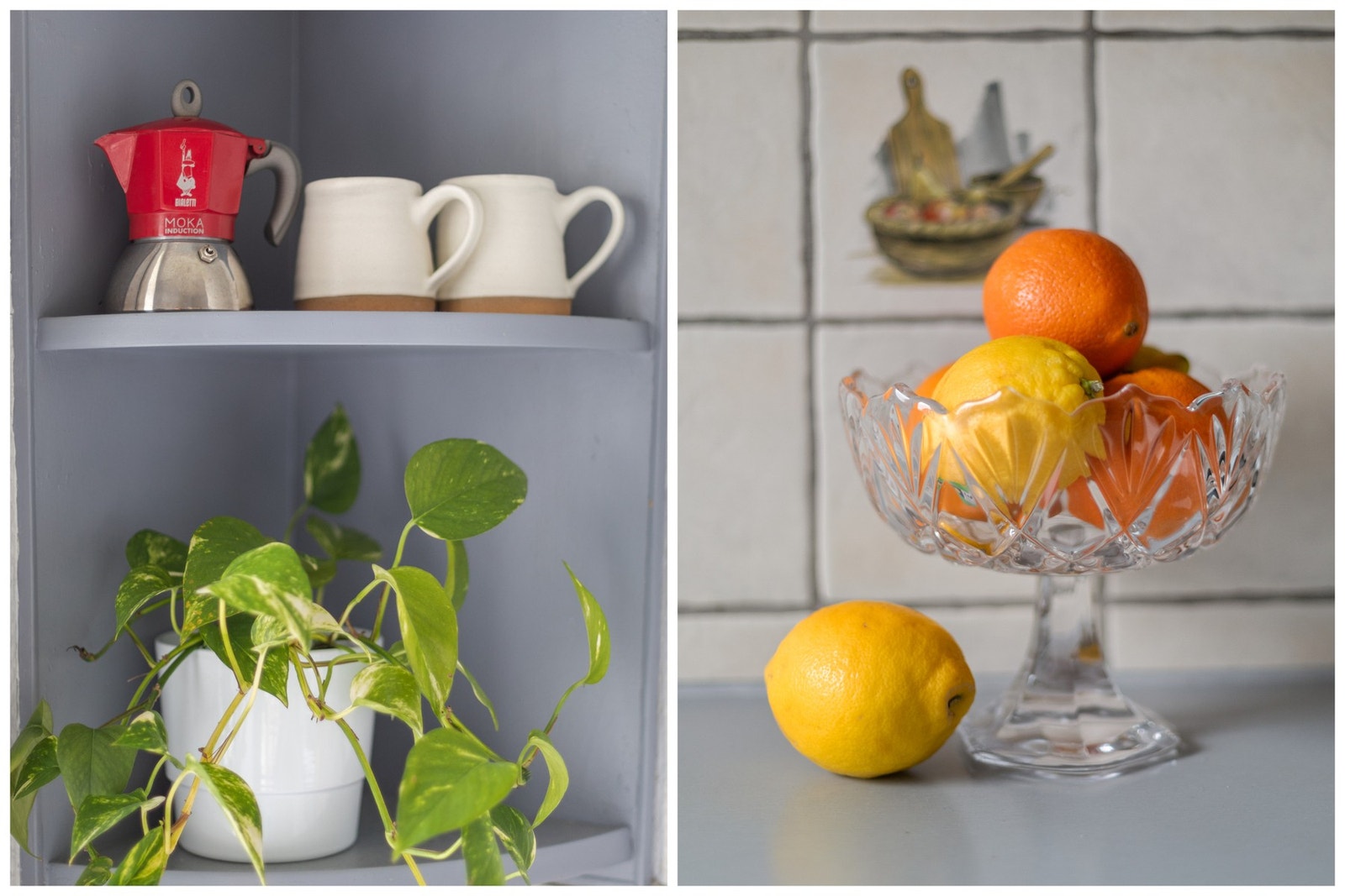 Fliser mellom benk og overskap forenkler rengjøring. Galleribilde