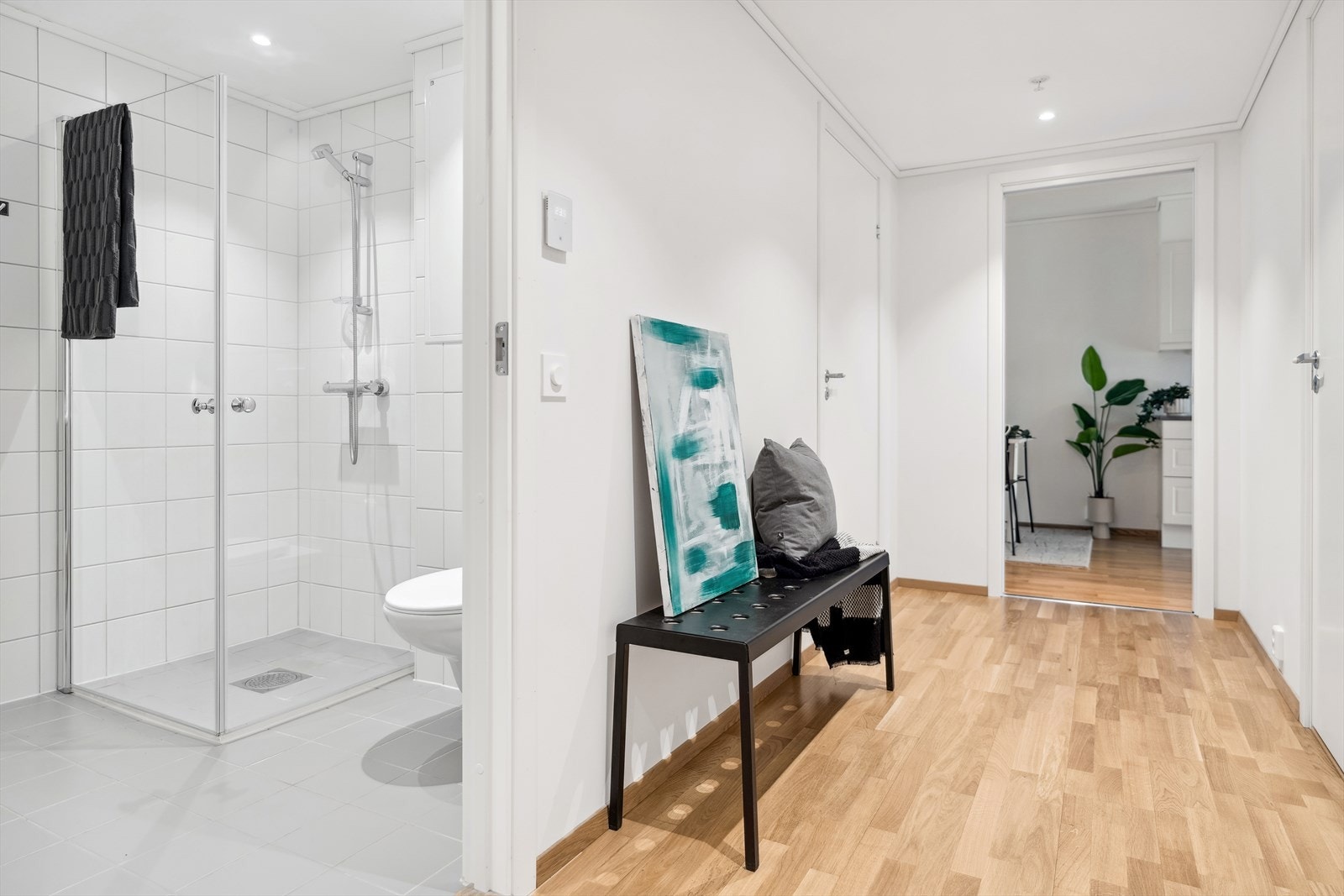 Herfra har man tilgang til to av soverommene, den innvendige boden, badet og videre inn i stue/kjøkken Galleribilde