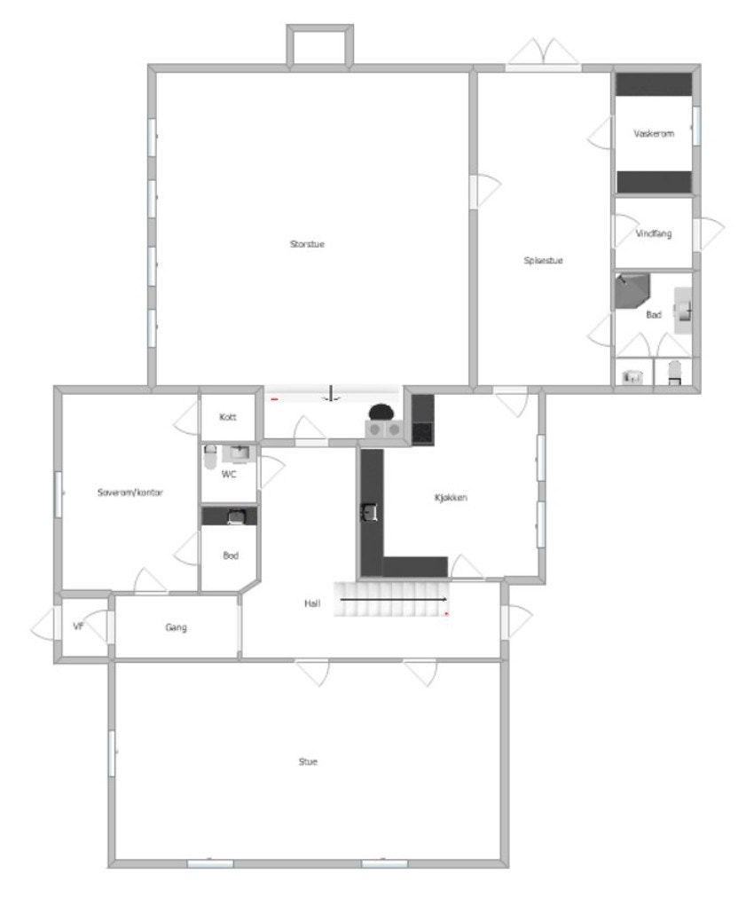 1. etasjeplan med storstue og tilbygg Galleribilde