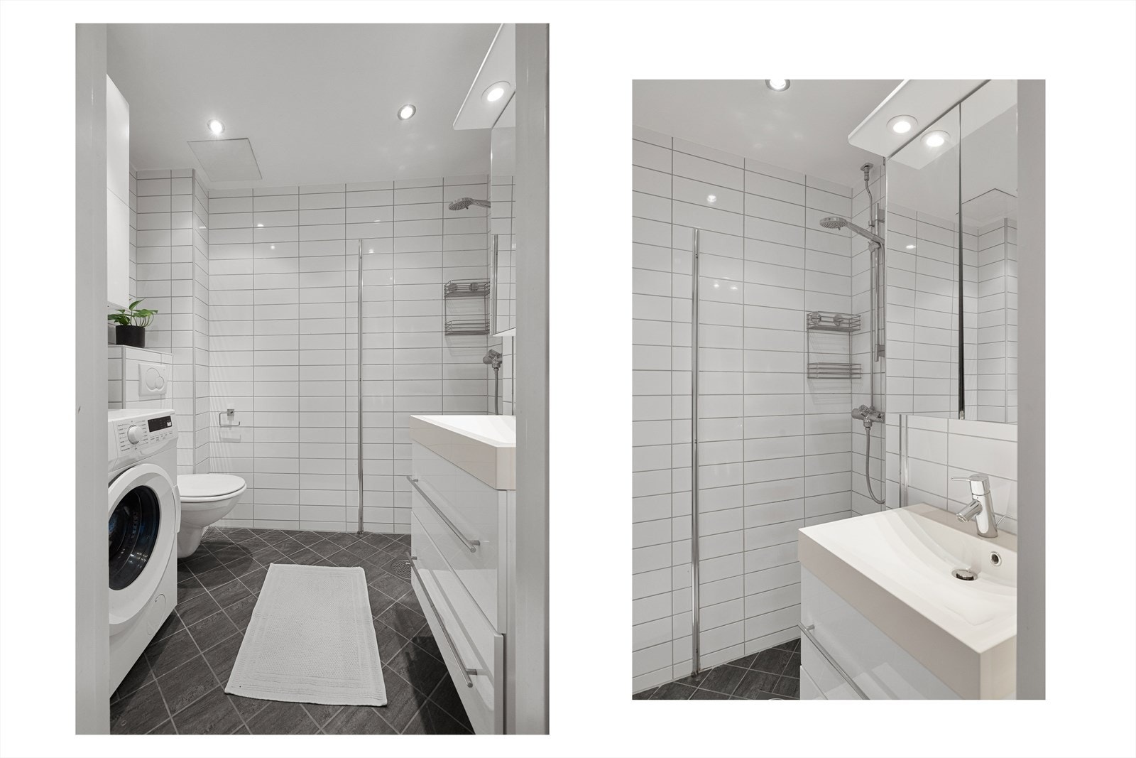 Tidløst og funksjonelt bad med flislagte overflater, varmekabler og downlights i himling. Galleribilde