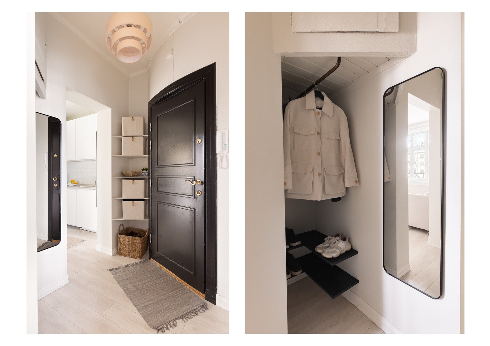 Entréen er praktisk med plass til oppheng av yttertøy og plassering av sko i åpen nisje. Galleribilde