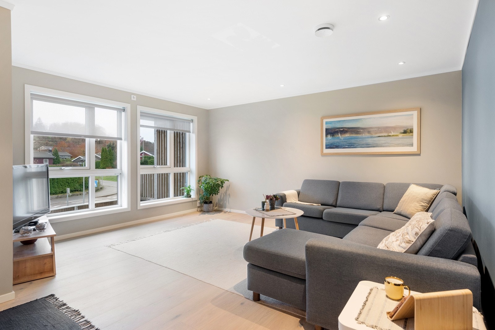 tuen har en kontrastvegg i blått og to store vinduer med dagslys, supplert med downlights i himlingen. Galleribilde