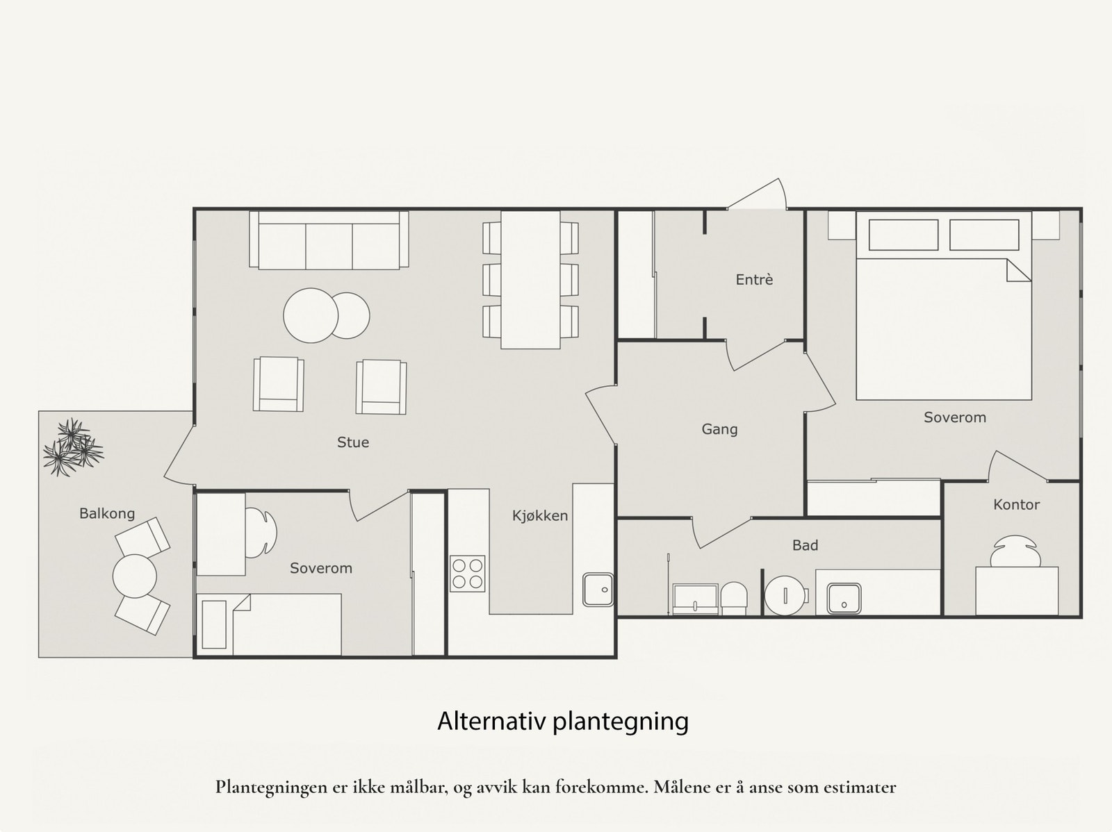 Alternativ plantegning med et soverom i stuen/kjøkken. Galleribilde