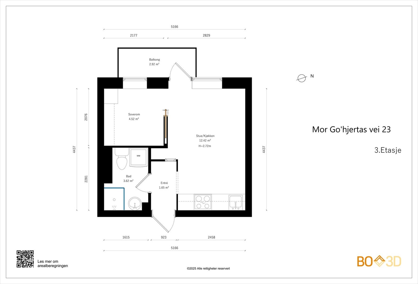 Leiligheten har en praktisk planløsning med luftige og gode rom. I tillegg disponeres det en kjellerbod på ca. 2,4 m². Galleribilde