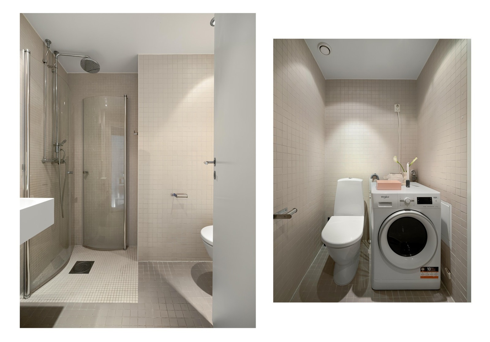 Det er lune varmekabler i gulvet og downlights i tak for god belysning. PS: Kombimaskin (vaskemaskin og tørketrommel) kan medfølge etter avtale med selger. Galleribilde