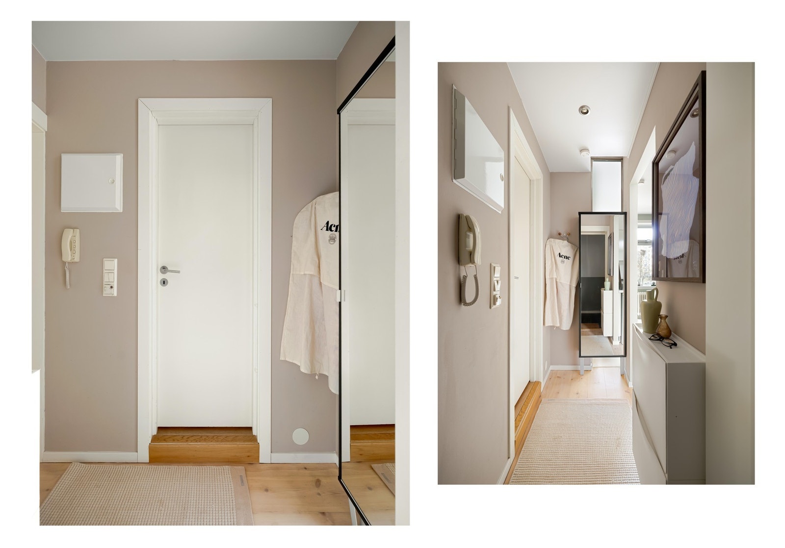 Selve entreen er lys og romslig, og det er god plass til oppheng av klær og plassering av sko i medfølgende garderobe- og skoskap. Galleribilde