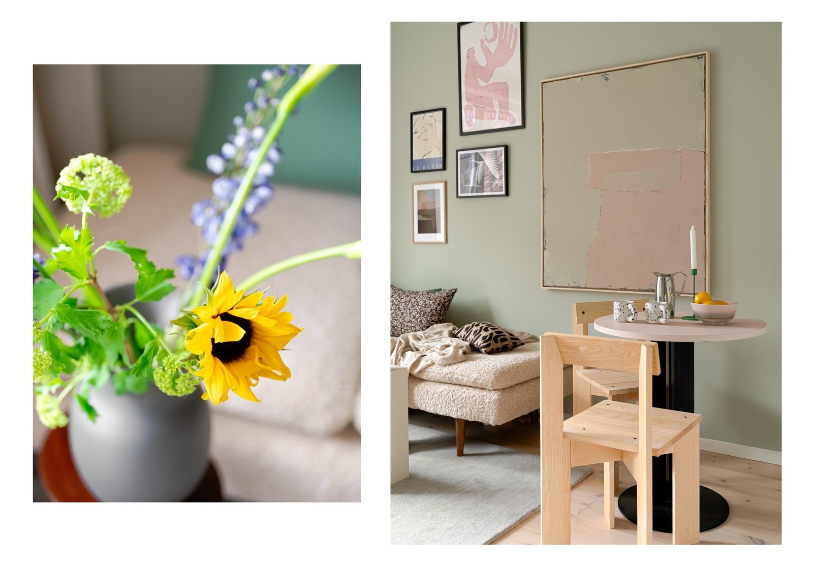 Overflater er malt i duse fargetoner og de fine tregulvene er nyslipte i april 2025. Galleribilde