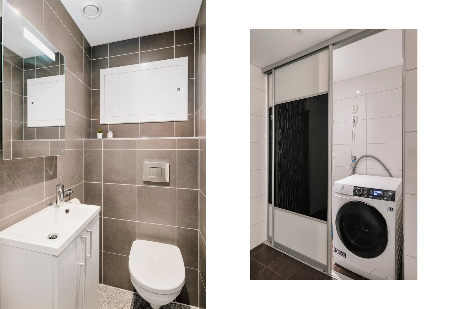 Separat wc og bad. Bad har varme i gulv og skyvedør til å skjule vaskemaskin. Galleribilde