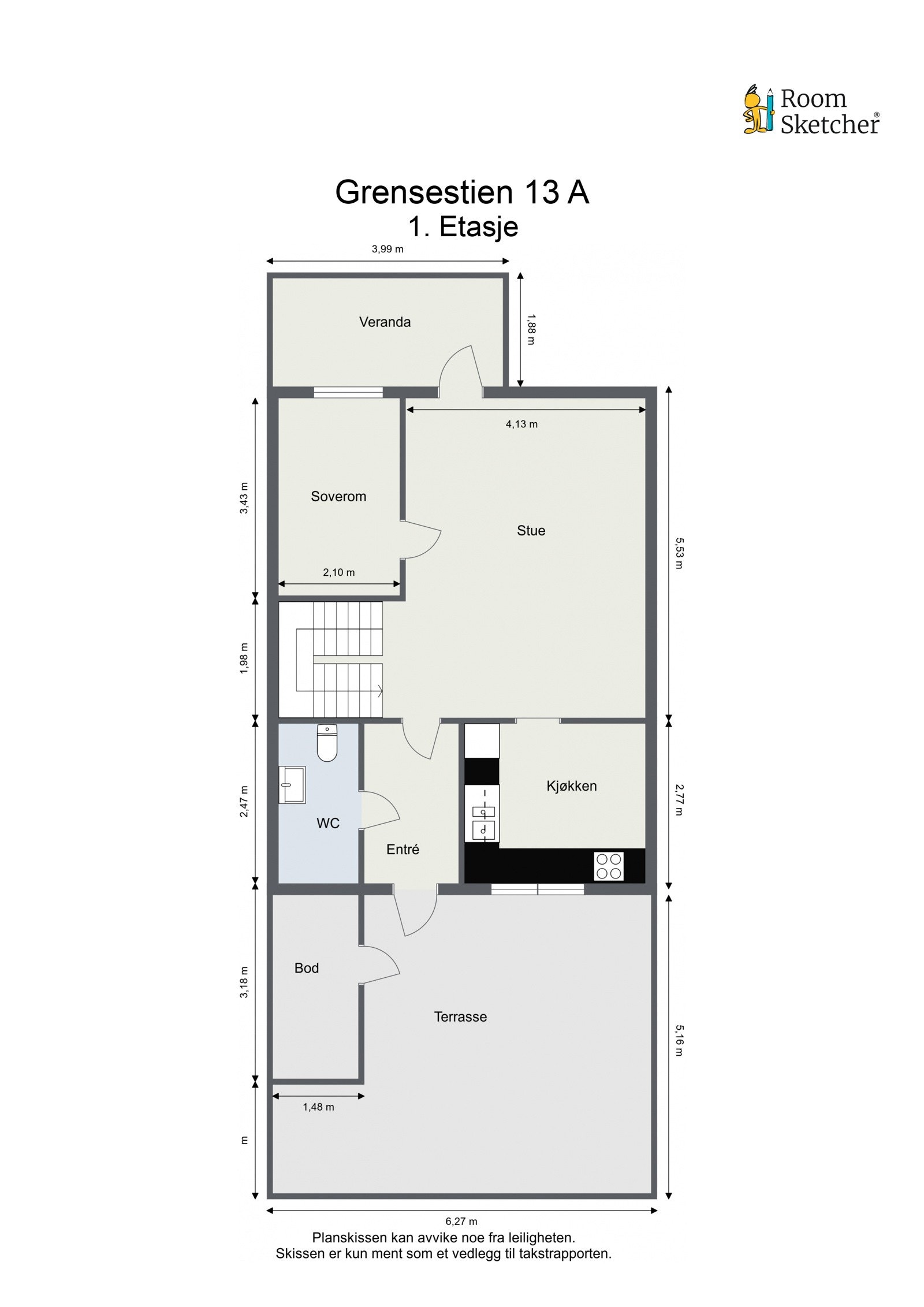 Planskisse av første etasje med stue, kjøkken, soverom, bad, entré, bod, veranda og terrasse. Galleribilde