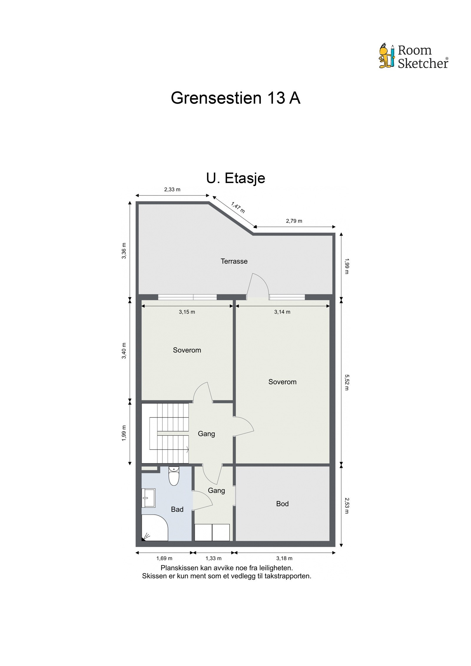 Underetasjen har to soverom, bad, bod, gang og terrasse. Galleribilde