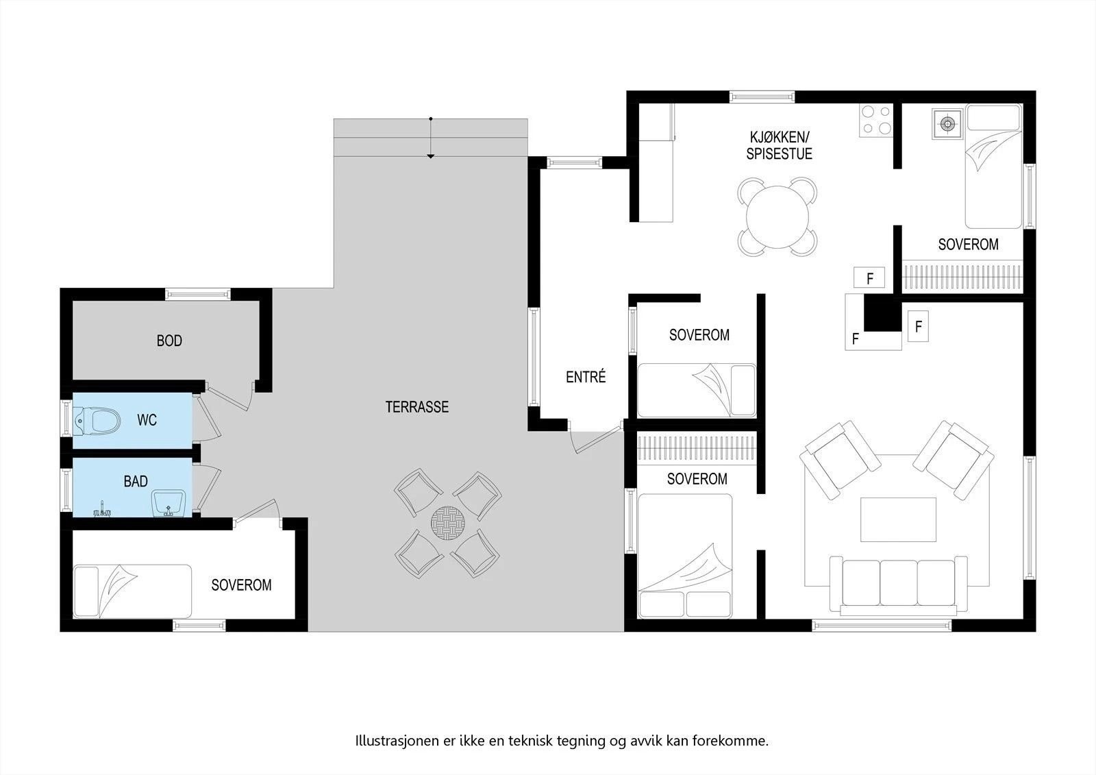 Anneksets er fysisk flyttet til et annet sted på tomta, men plantegningen forøvrig er riktig. Galleribilde